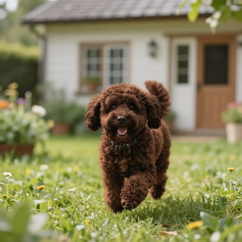Cavapoo Dog Runs in Cottage Garden