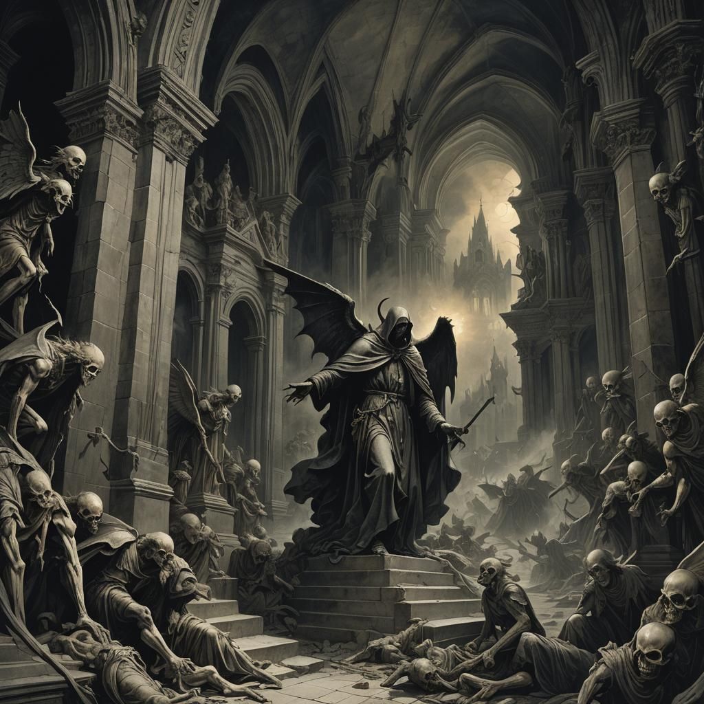 Demonic Figure in Haunted Church: Baroque Macabre Art