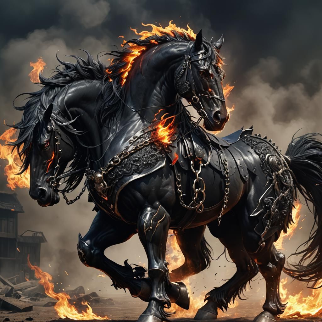 Fiery Armored Horse in Dark Fantasy Anime Style