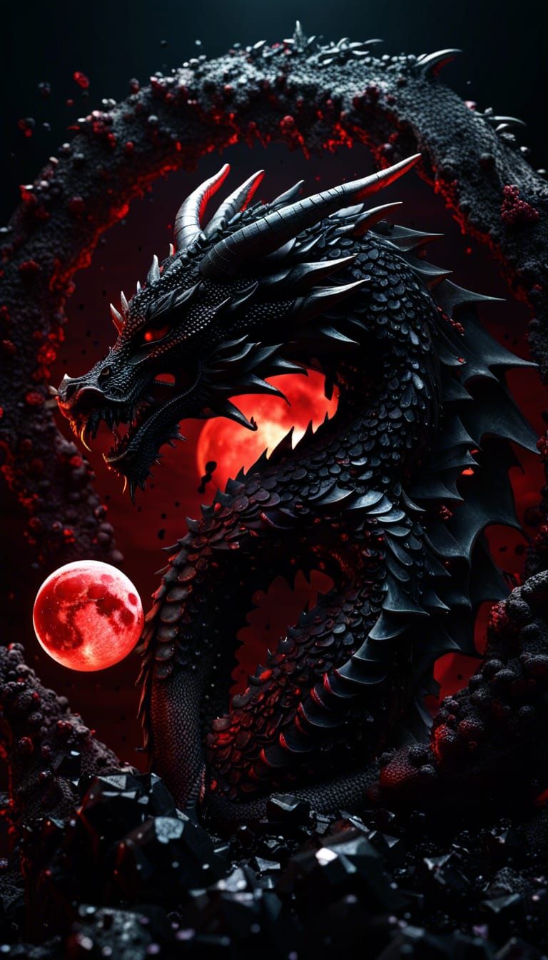 Black Dragon God with Blood Moon in 3D