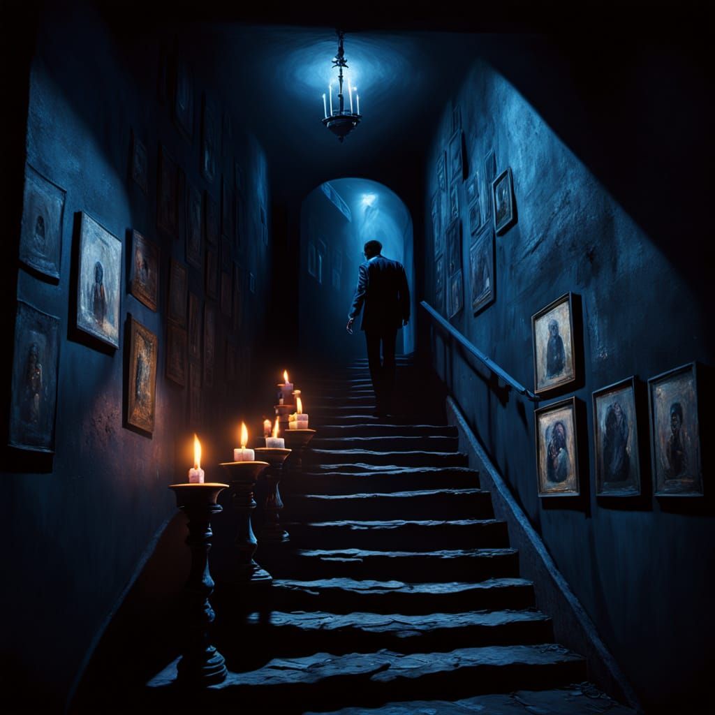 Surreal Man in Dark Room Oil Painting