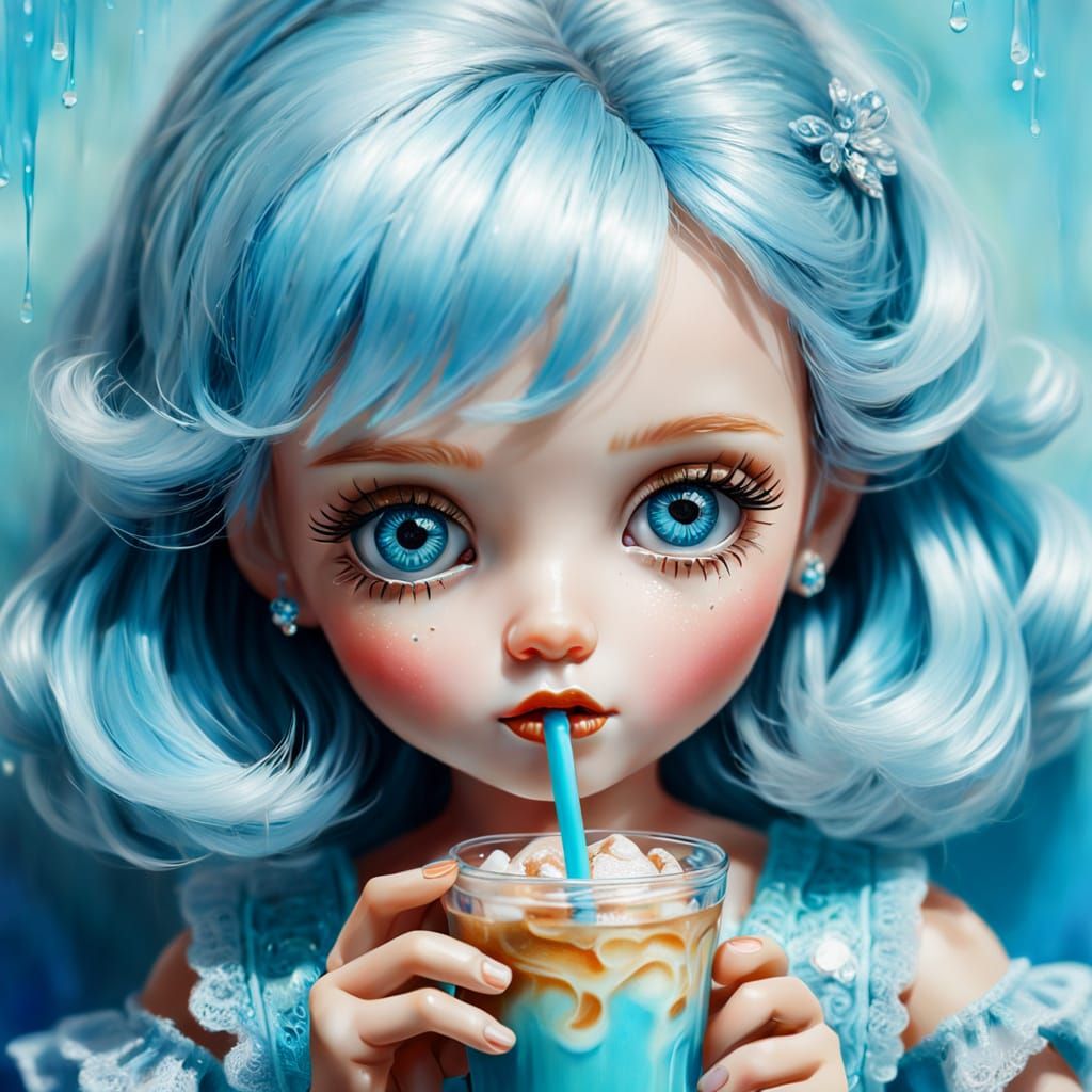 Bratz Doll Portrait Drinking Coffee as Oil Painting