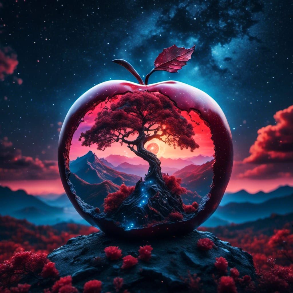 Surreal Apple Ablaze with Bonsai Tree