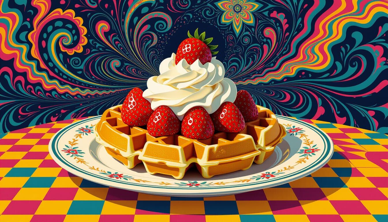 Psychedelic Waffle Art: 60s Poster Style with Strawberries