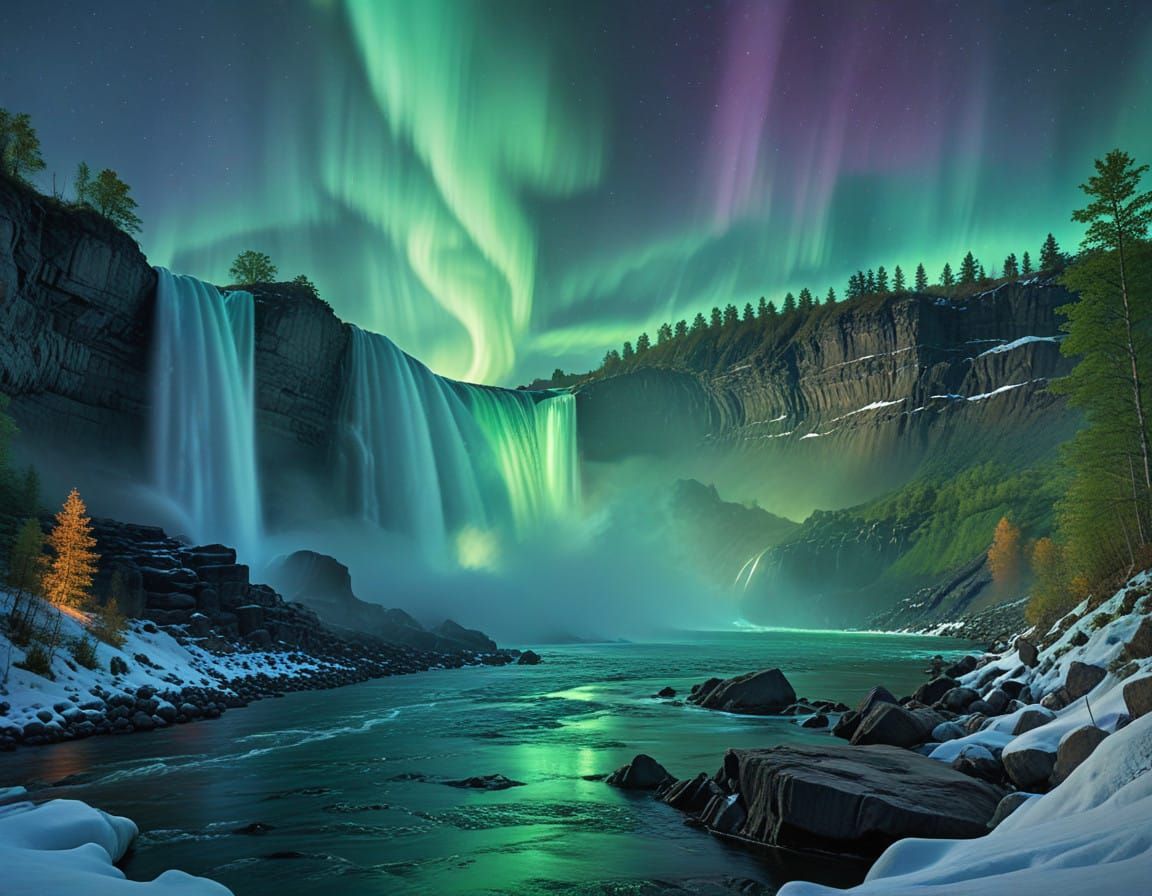 Digital Portrait of Niagara Falls at Dusk with Aurora Boreal...