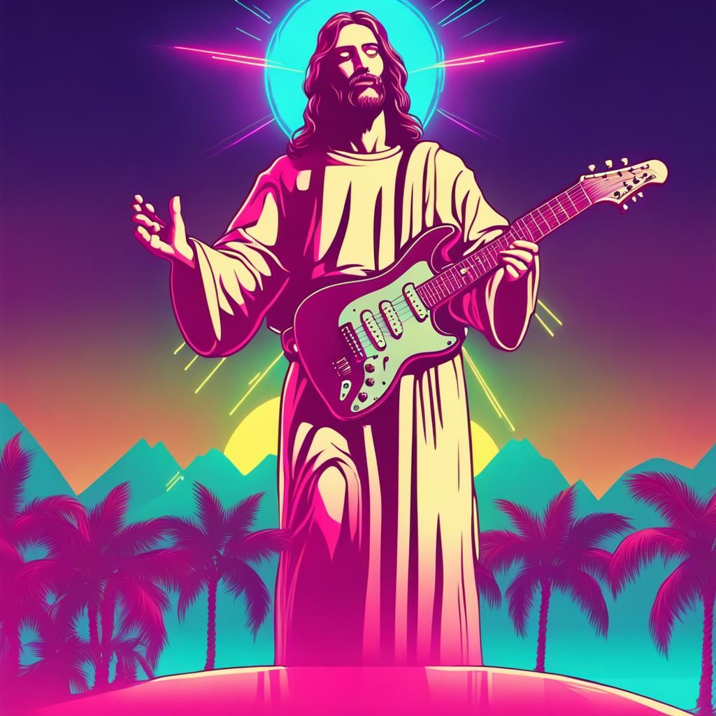 Jesus Christ Plays Electric Guitar in Synthwave Style