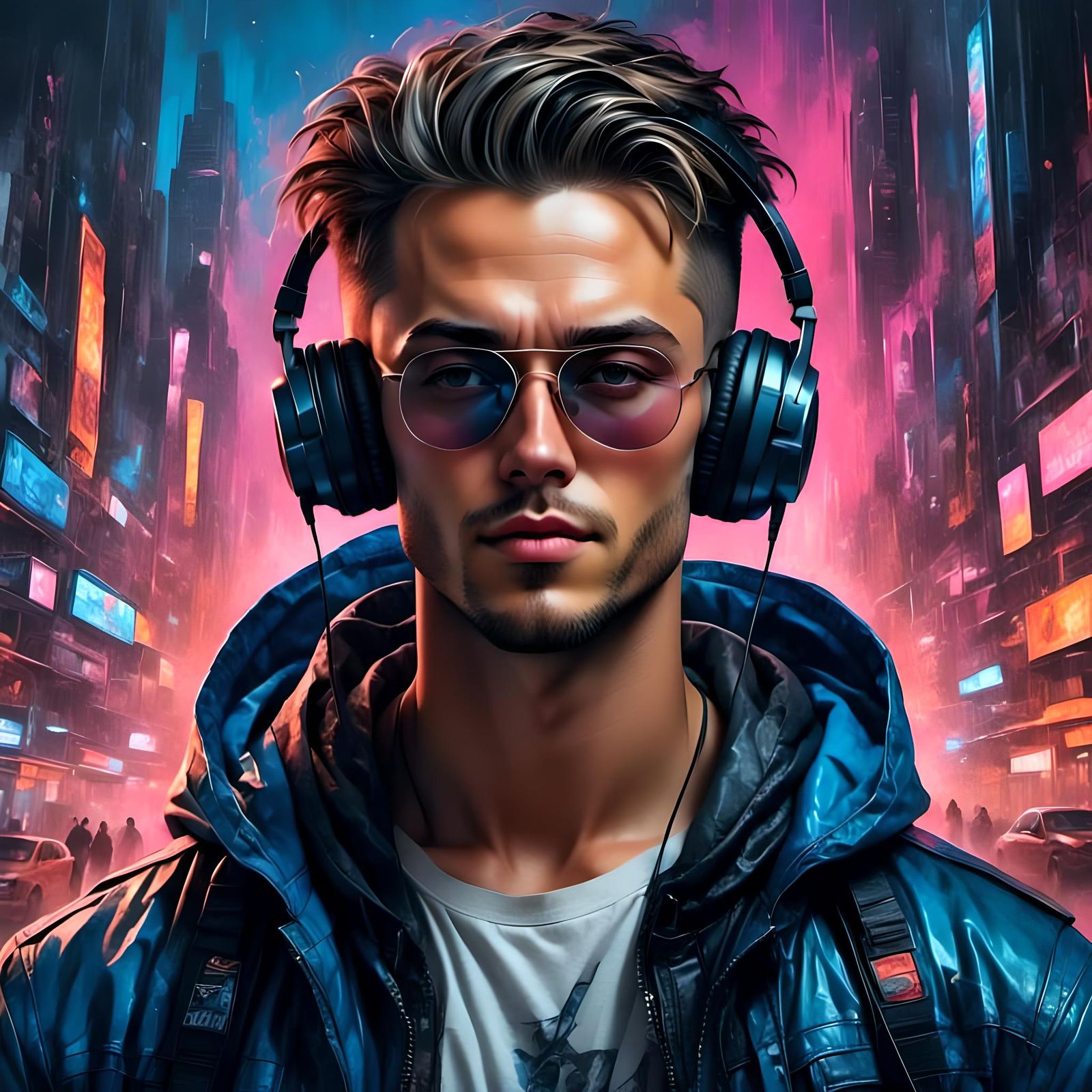 Cyberpunk Male Listens to Synthwave Music in Neon Sunset