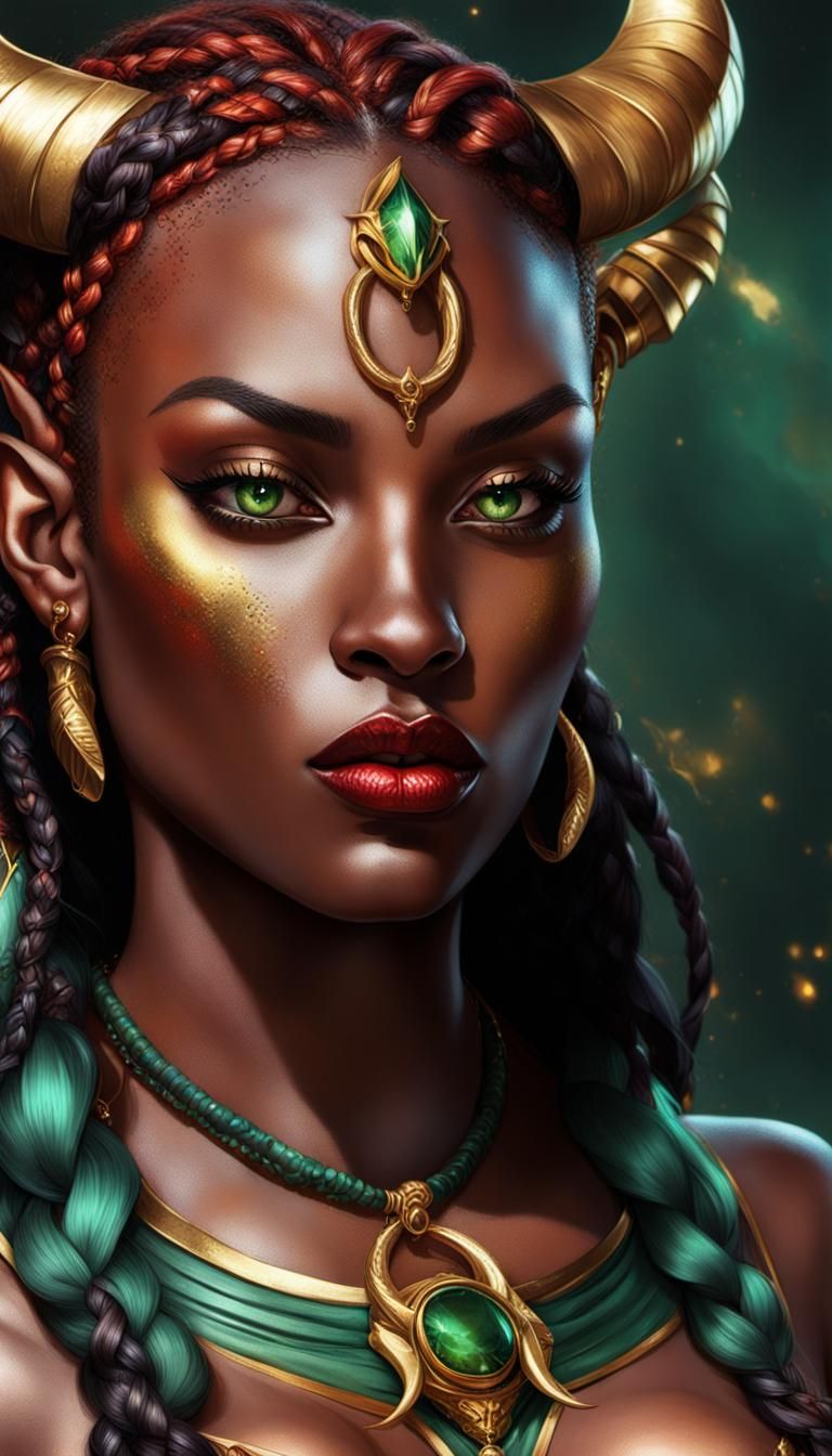Tiefling Cleric with Gold Horns and Braided Hair