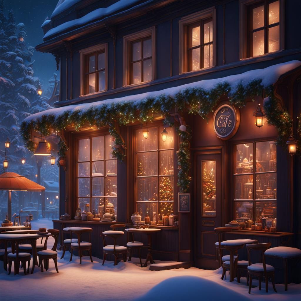 Cozy Winter Cafe: Detailed Fantasy Concept Art