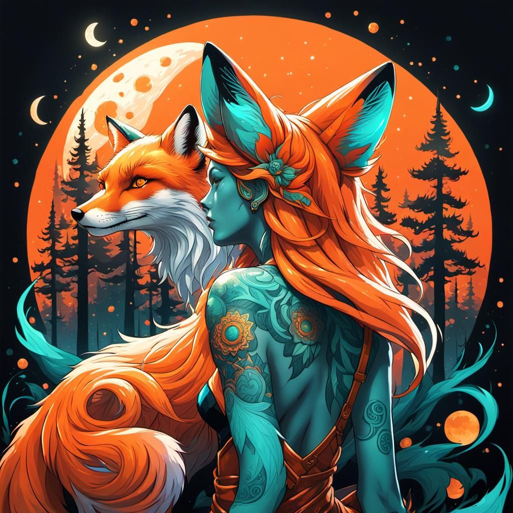 Fox and Moon Tattoo Design in Art Nouveau Style
