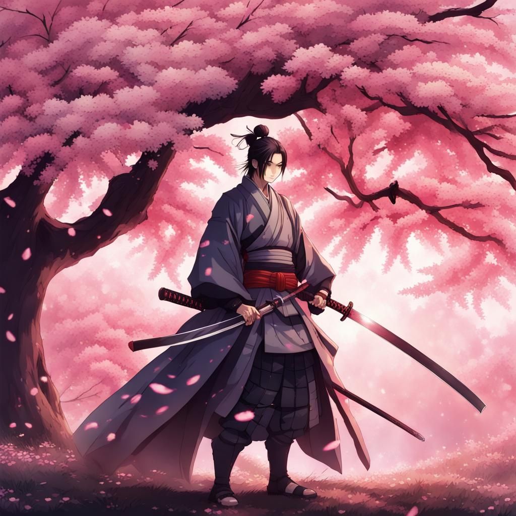 Anime Samurai with Glowing Sword Under Cherry Blossoms