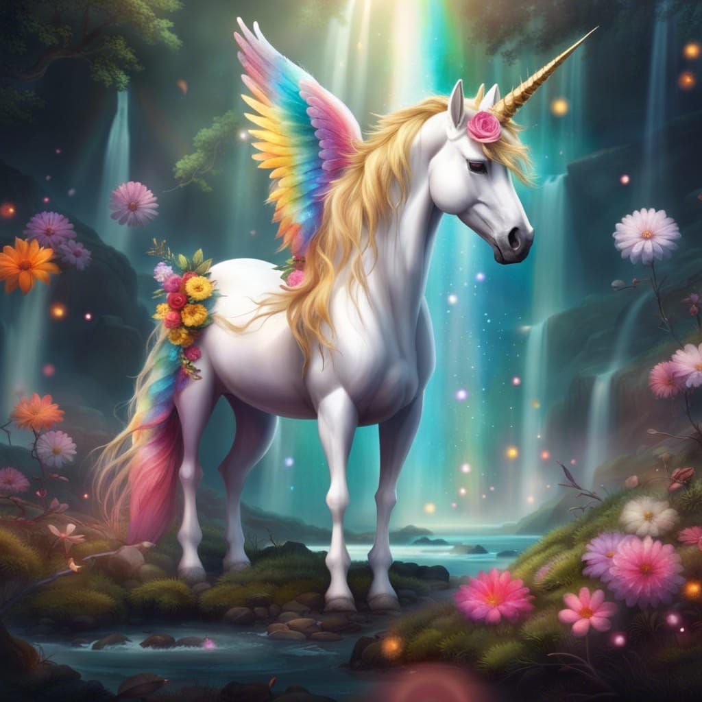 Golden Haired Unicorn in Magic Forest