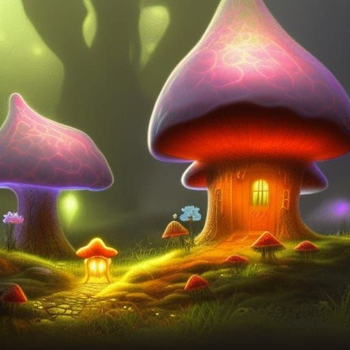 Glowing Mushroom House in Magical Forest