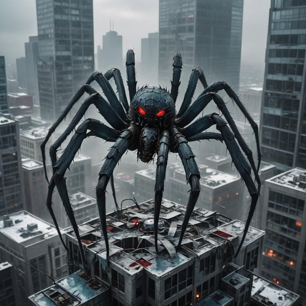 Giant Spider Perched Atop Skyscraper in Dystopian Sci-Fi