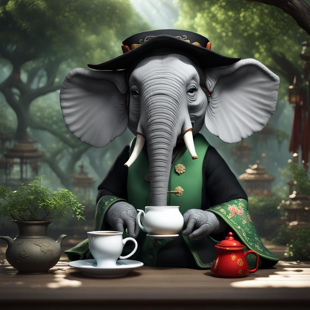 Plush Elephant Toy Drinks Tea, Detailed Matte Painting