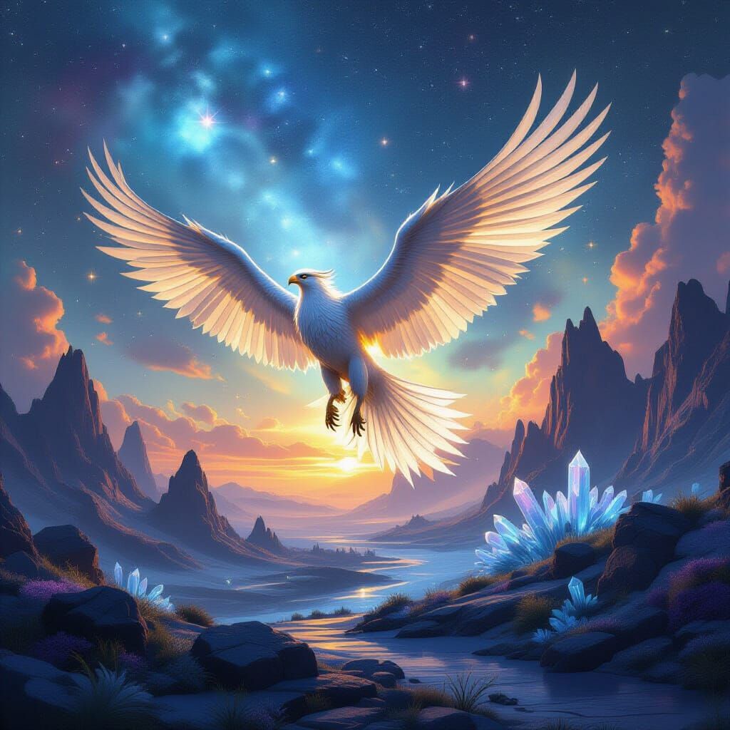 Griffin Soars Through Cosmic Nebula, Alien Landscape Below