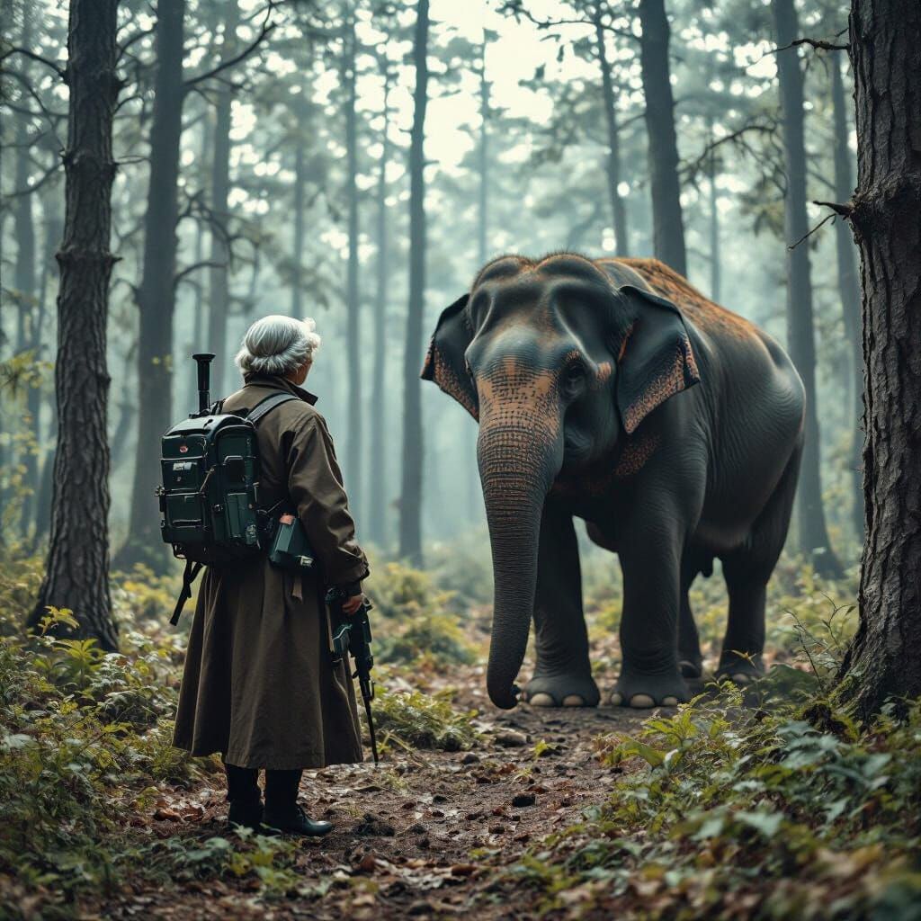 Elderly Guard and Elephant Protector in Cinematic Forest
