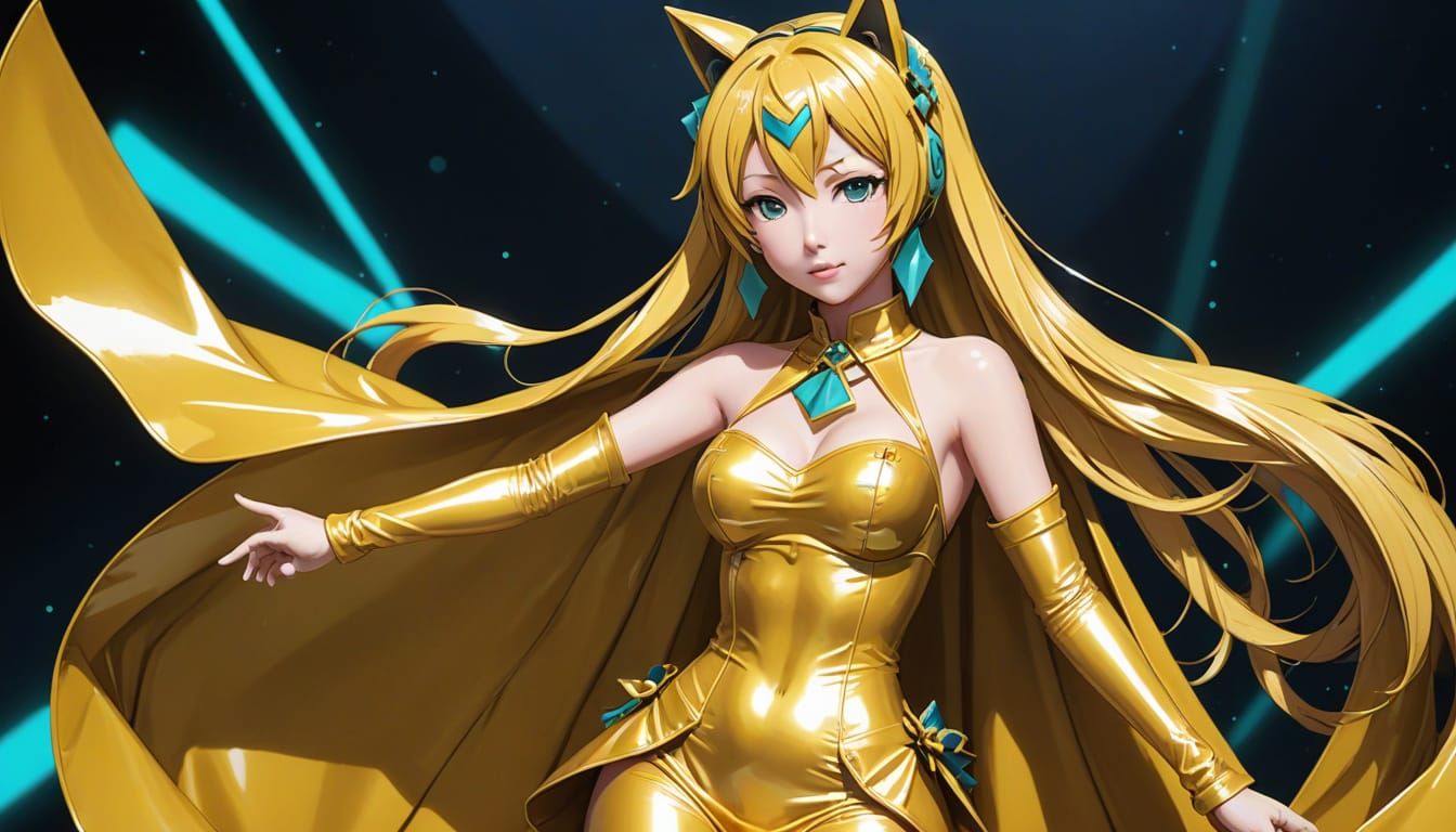 Vocaloid Idol Performs in Shimmering Golden Latex Costume