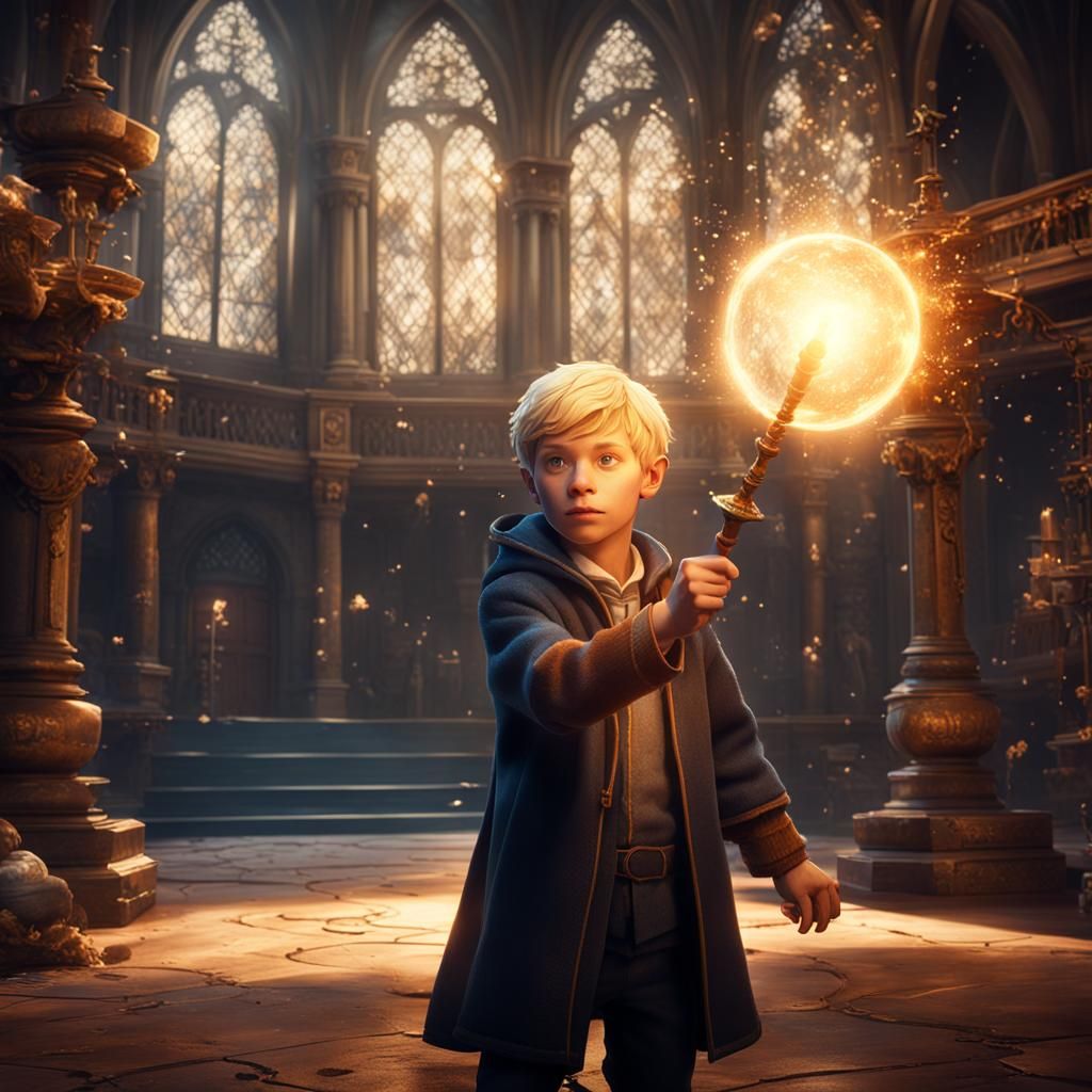 Blond Boy Wizard Casting Light Spell in Academy