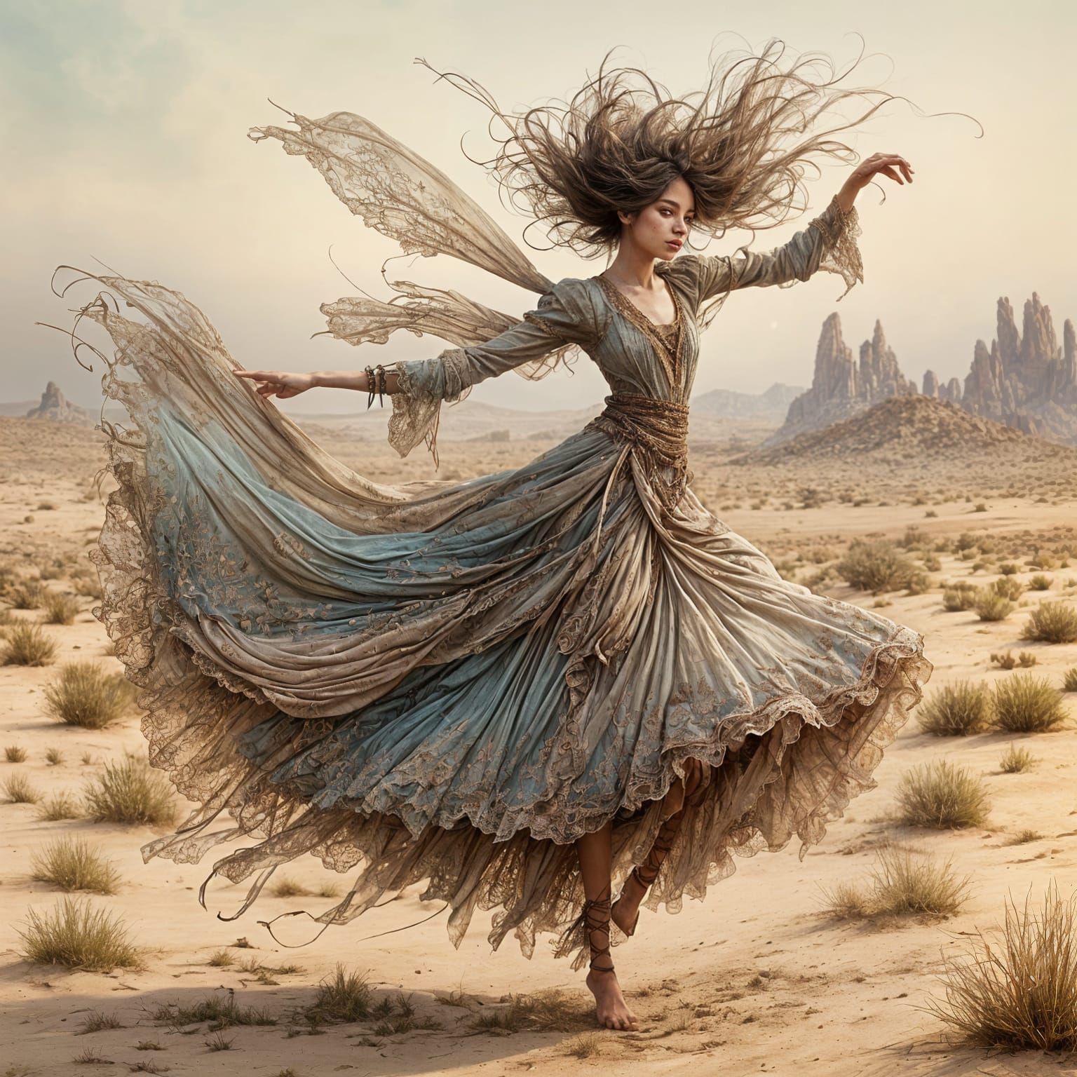 Boho Pixie Dancing in Desert, Victorian Watercolor Style