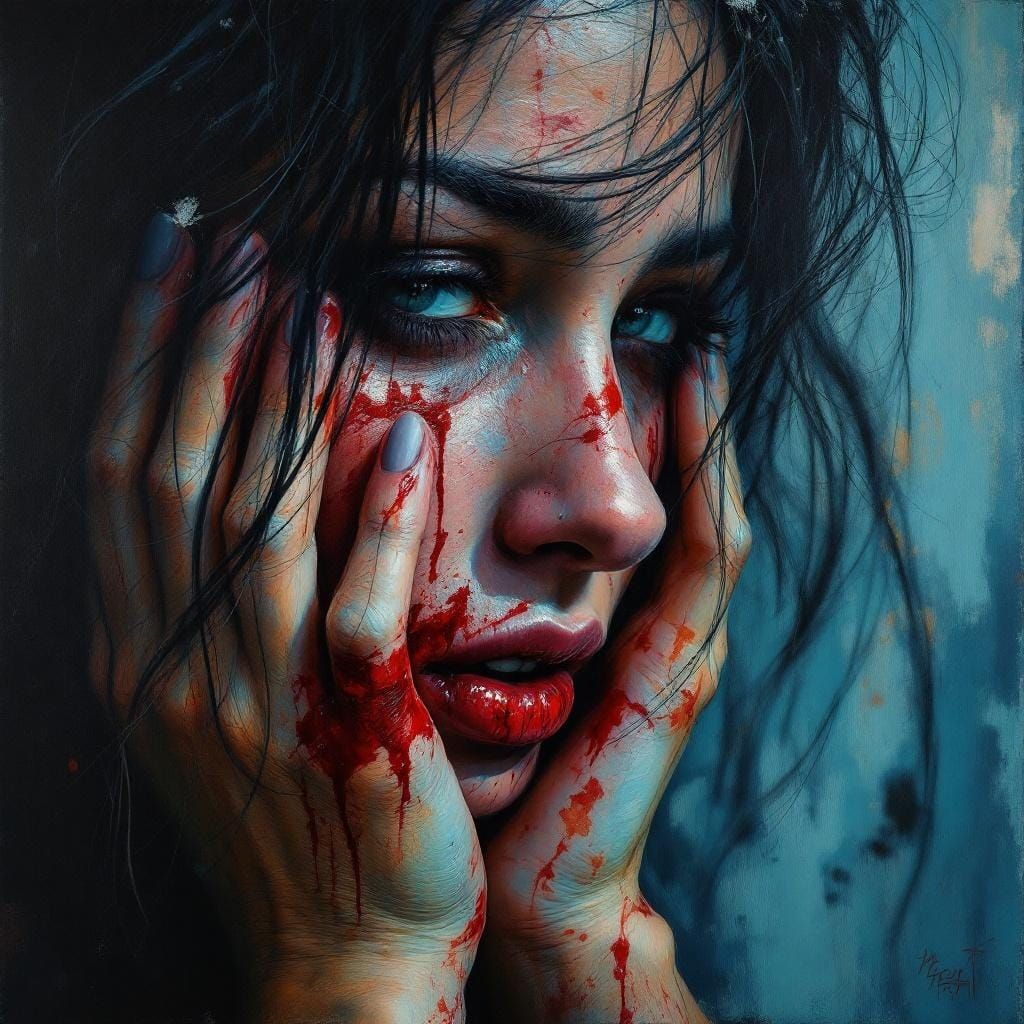 Distressed Woman with Injuries in Impressionistic Style