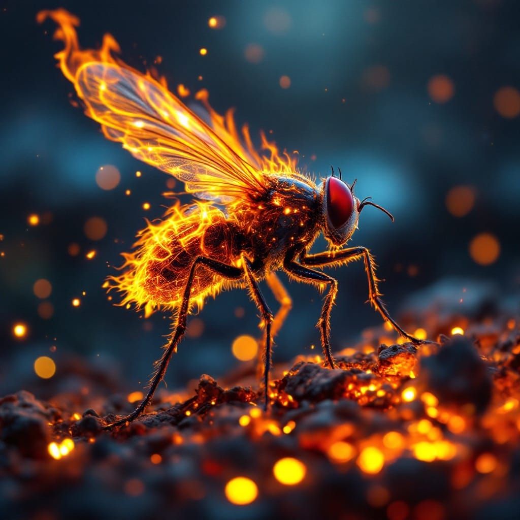 Fiery Firefly Over Bonfire in Macrophotography Style