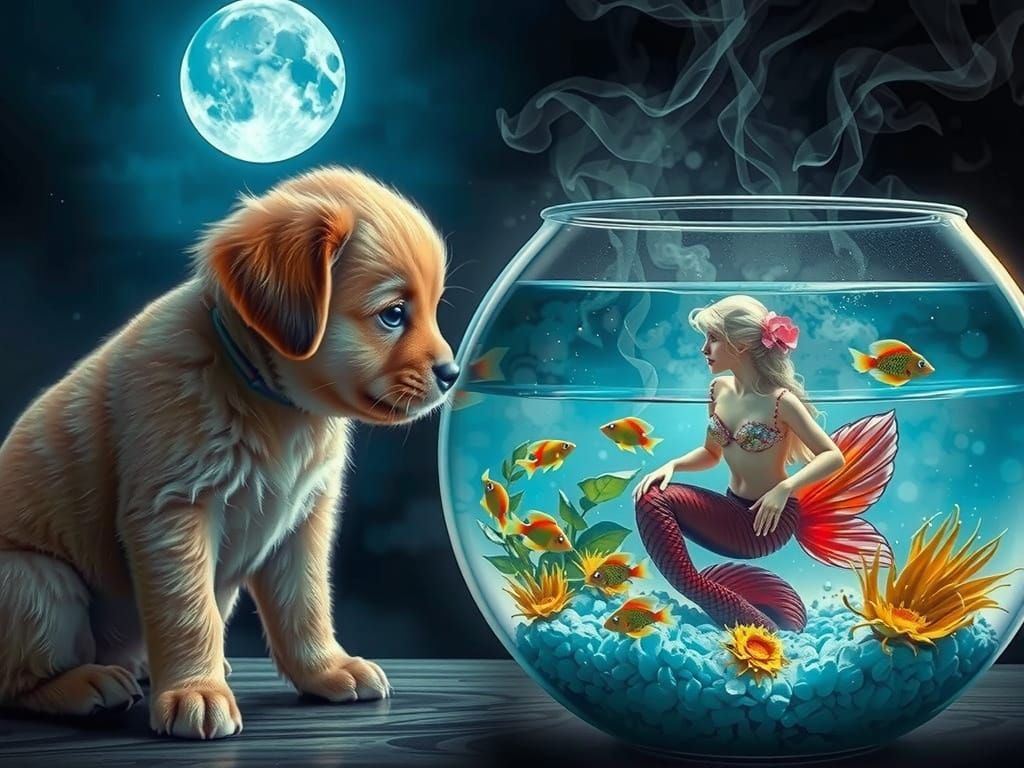 A Puppy Meets a Mermaid in a Tropical Fish Bowl in Cyberpunk...