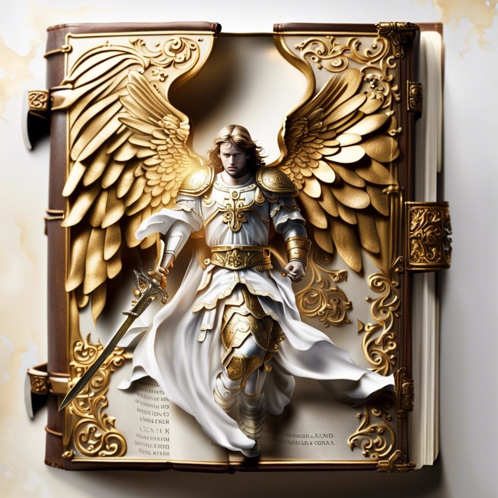 Angel Emerges from Bible in White and Gold