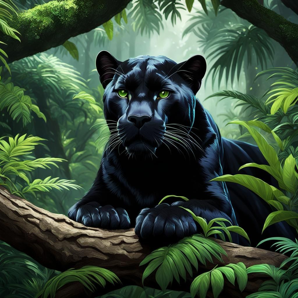 lush rainforest scene with an elegant black panther hiding a...