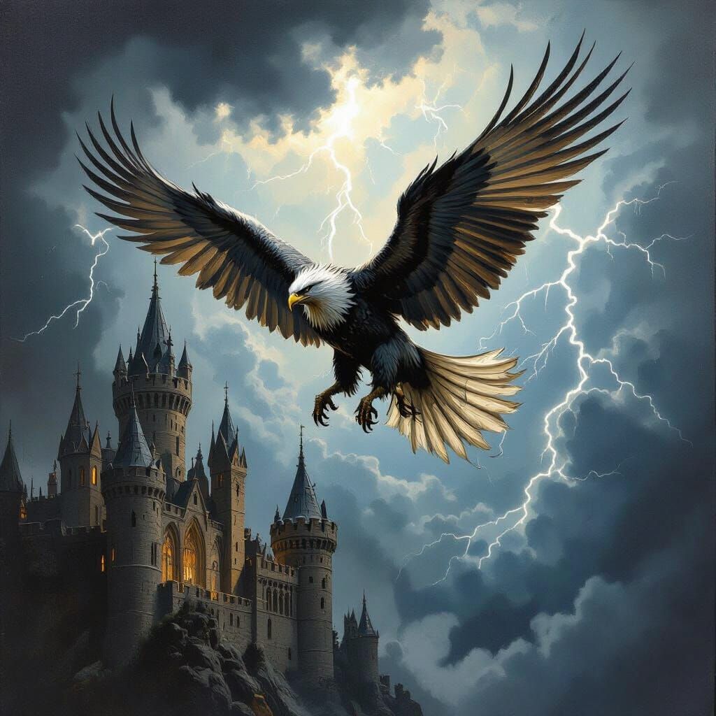 Griffin Soaring Over Gothic Castle, Oil Painting Style