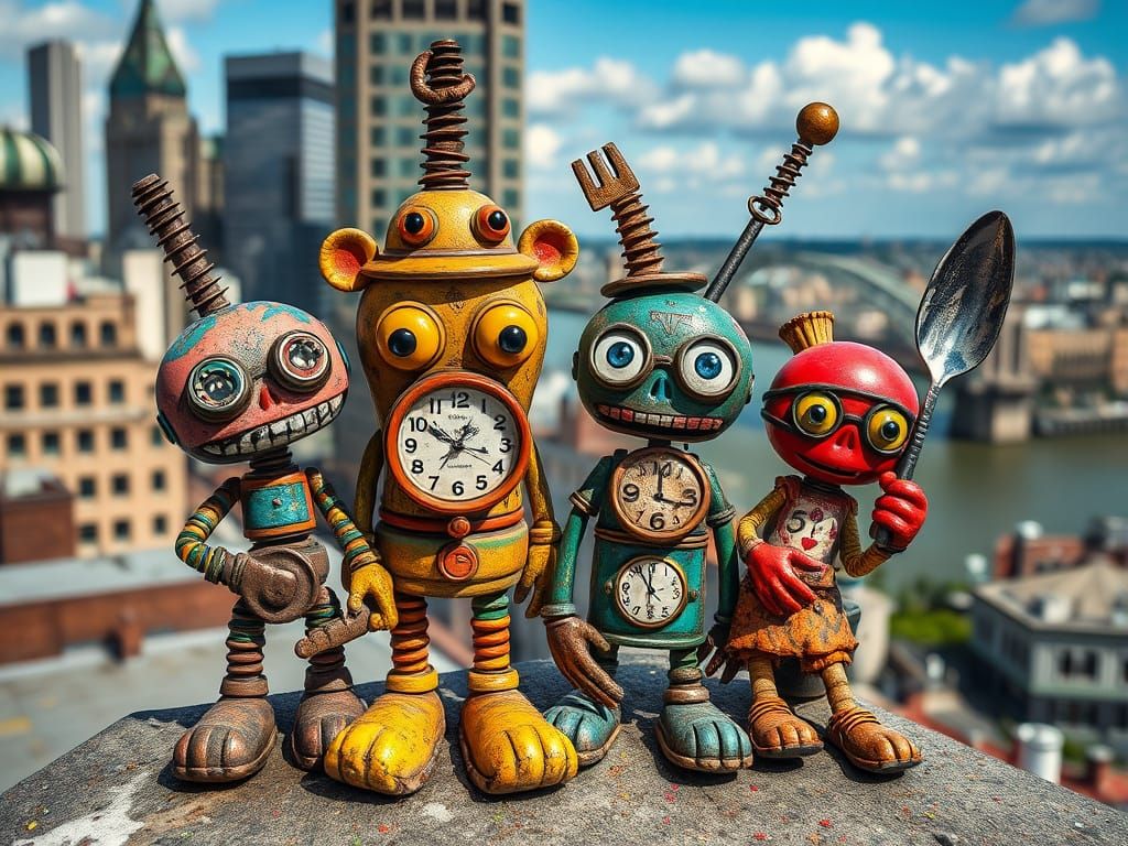 Recycled Robot Toys Overlooking City, Mixed Media Art