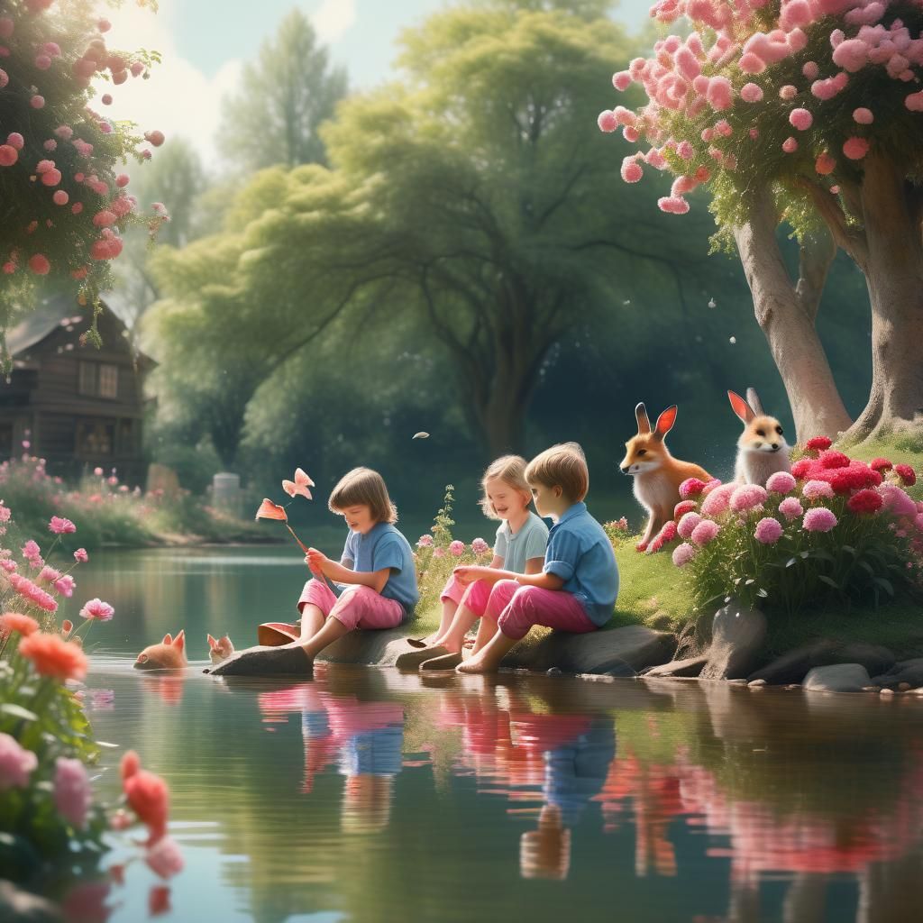 Children Watching Fish in Whimsical Pastel Landscape