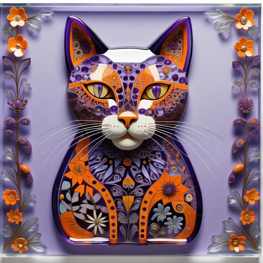 Intricate Glass Cat in Folk Art Style
