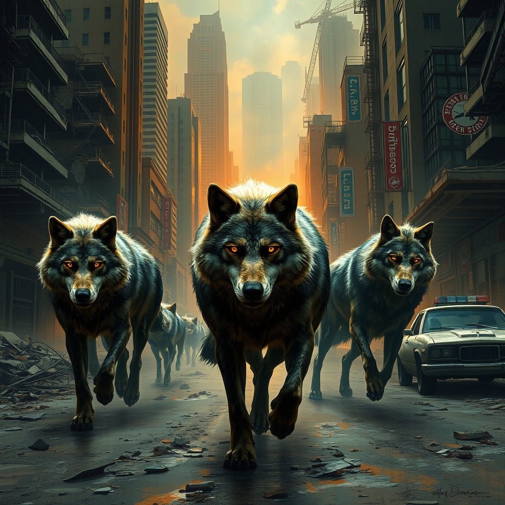 Wolves Roam a Gritty, Dystopian Cityscape