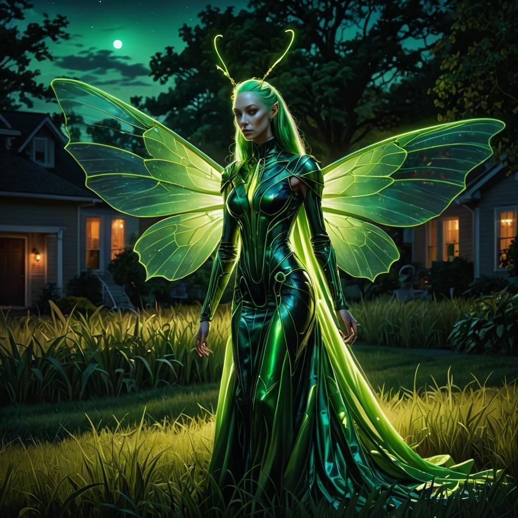 Praying Mantis Woman in Viridescent Gown