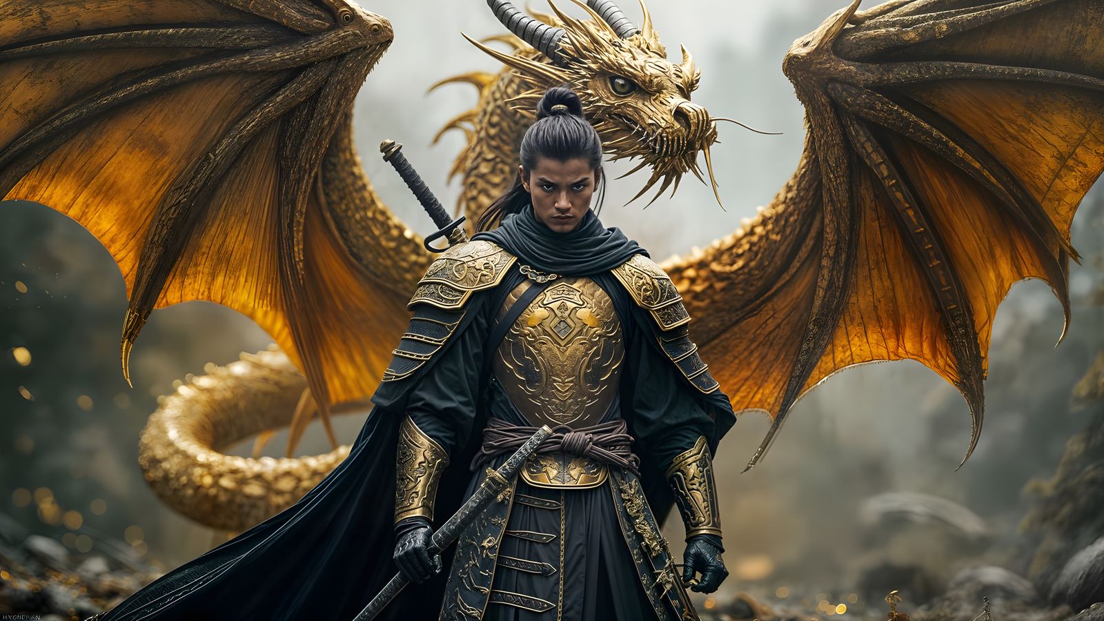 Ronin Surrounded by Dragons in Gold and Black Armor