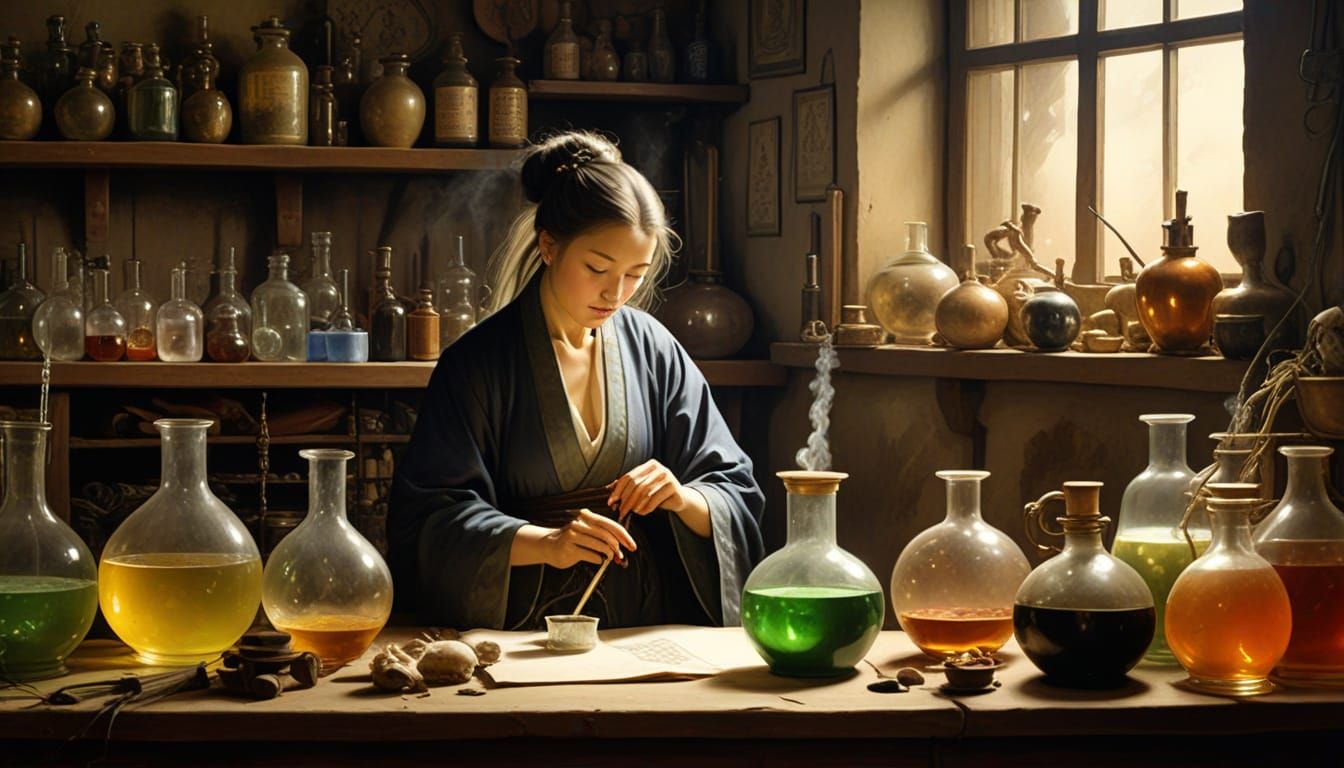 Chinese Alchemist Witch Brews Magic Potion in Mystic Lair