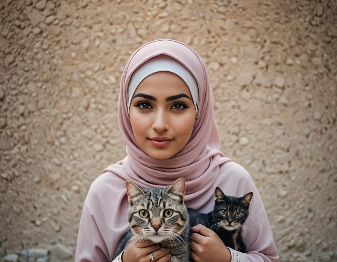 Stunning Portrait of Woman with Hijab and Cat