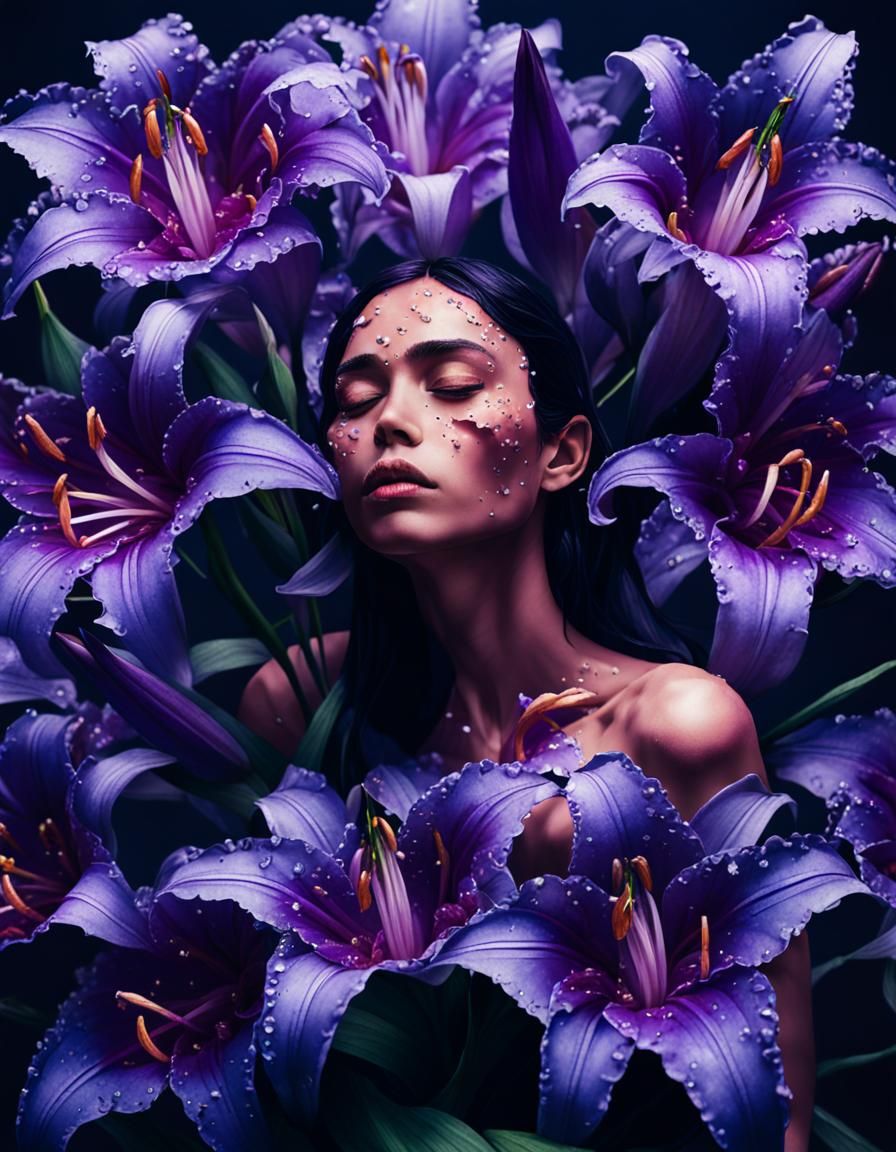 Fairy Tears in Translucent Purple Lily, Art Nouveau