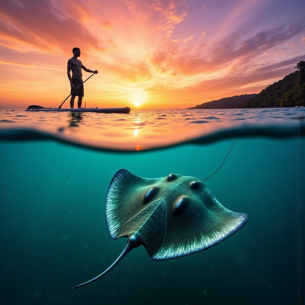 Majestic Sunset Scene with Paddleboarder and Stingray