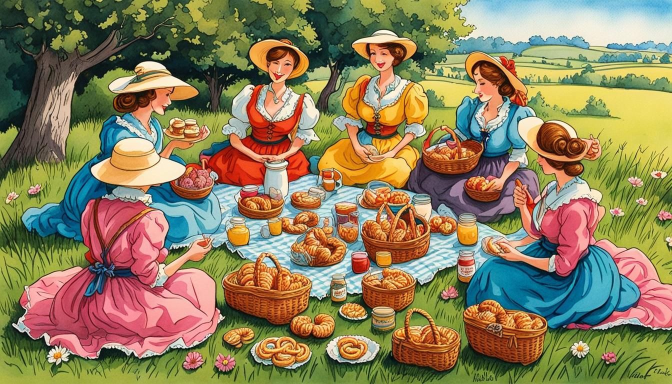 Brezel Women's Picnic: A Whimsical Ink Sketch