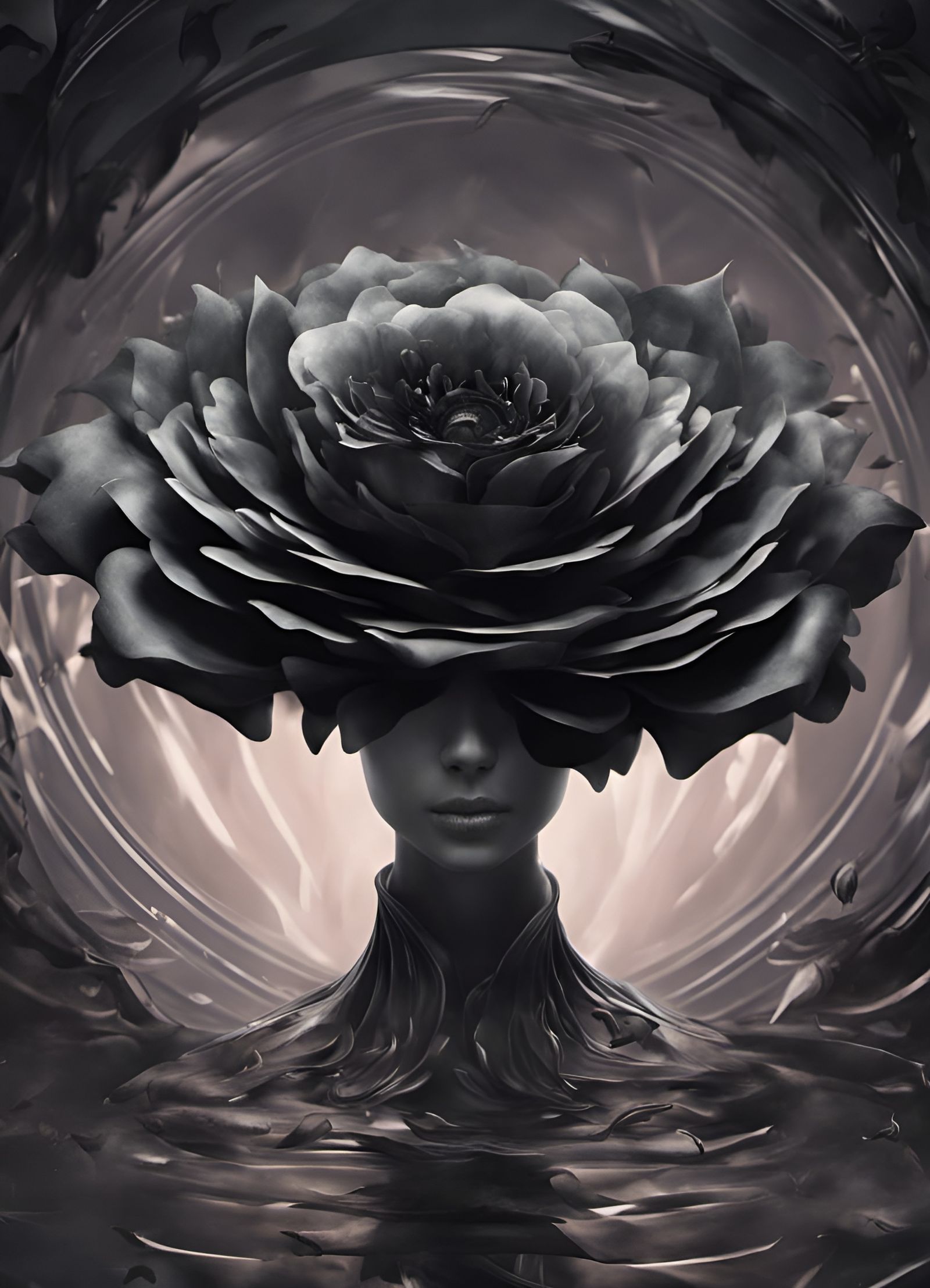 Black Flower with Death Mask in CGI Fine Art