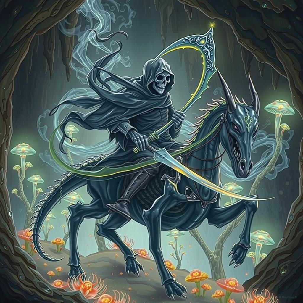 Grim Reaper on Smoke Dragon in Bioluminescent Cave