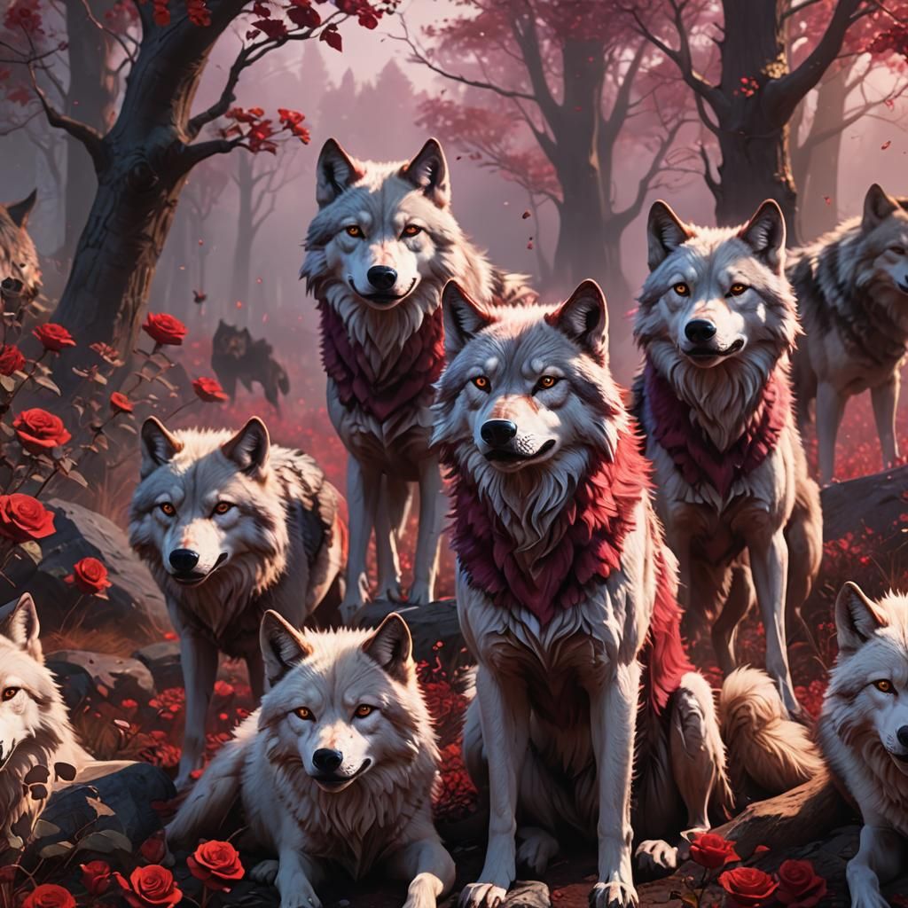 Wolves Photobomb Scarlet Rose Admixture in Fantasy Art