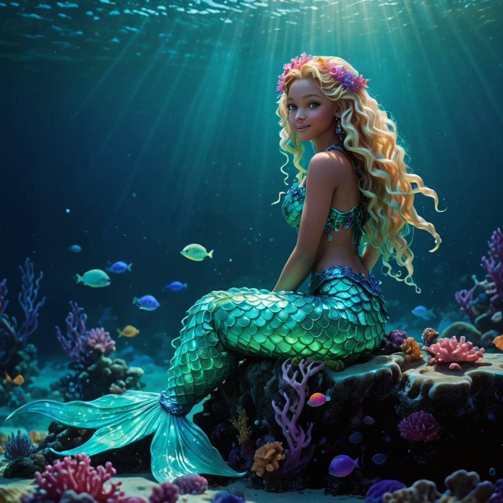 Pretty Cyber Mermaid with Turquoise Tail