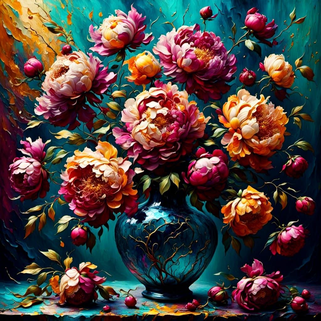 Whimsical Peonies in Thick Paint Style