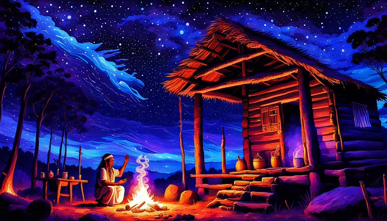 Guarani Shaman's Starry Night Spell in Watercolor