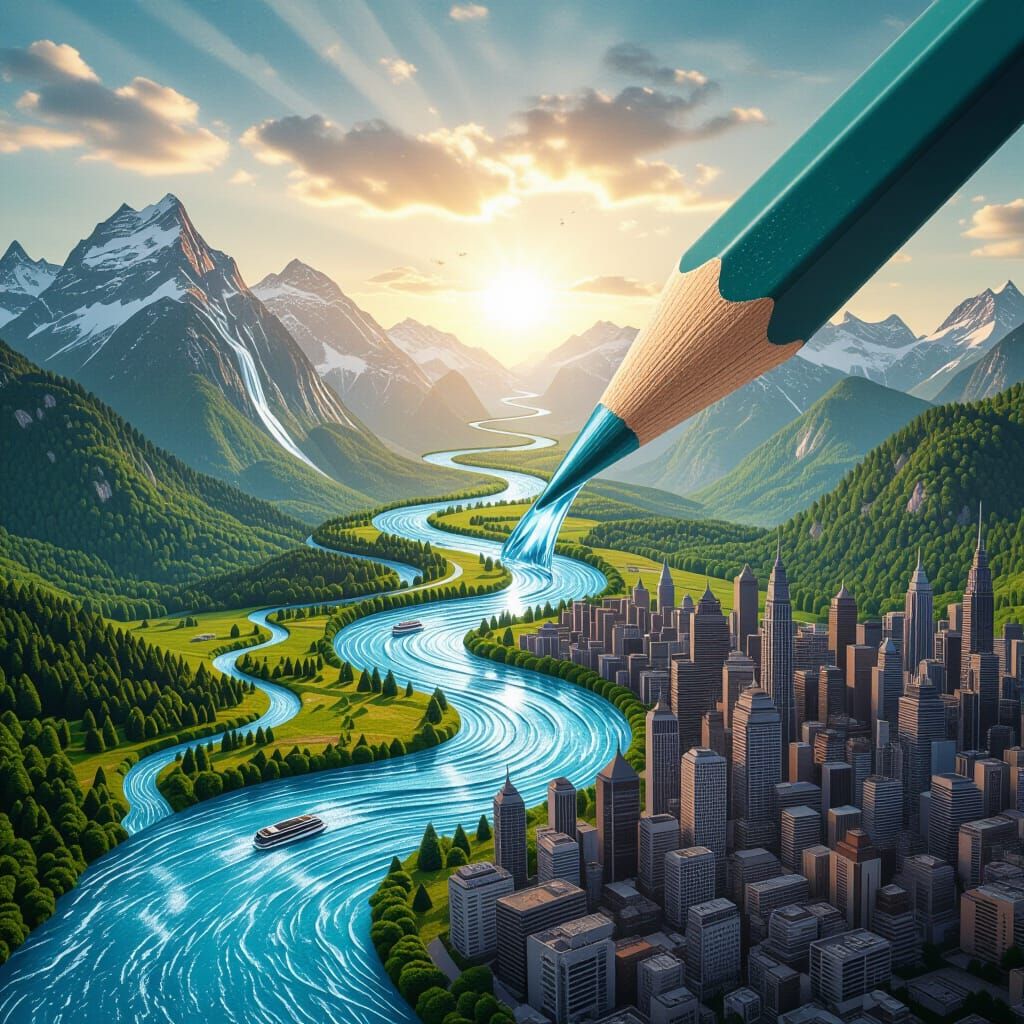Pencil Transforms into Rivers and Cities in Surreal Double E...
