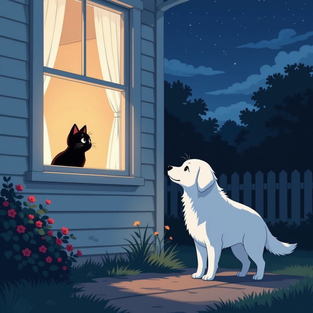 Night and Day Contrast: Dog and Cat Window Scene