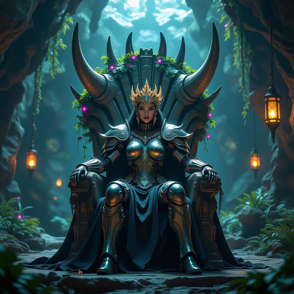 Cyborg Queen on Triceratops Skull Throne